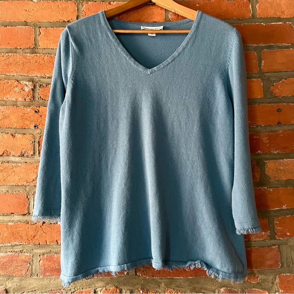 Coldwater Creek Teal Blue Fringed Cotton-Cashmere Blend Sweater, size M